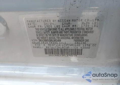 2024 Nissan Versa 1.6 Sv from USA, damaged, VIN 3N1CN8EV3RL892409